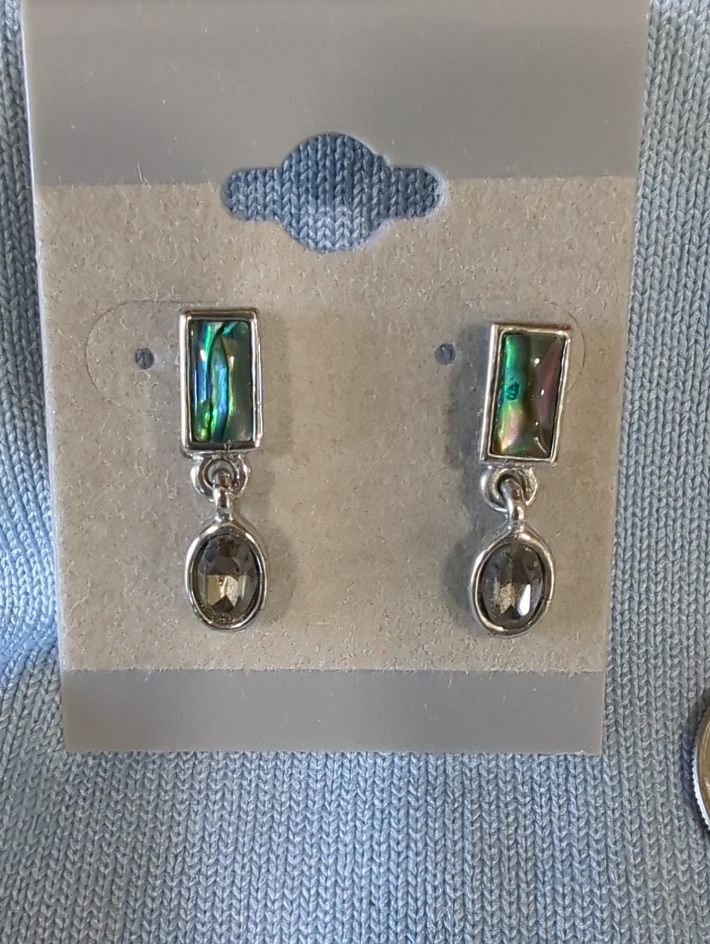 Silver Abalone Drop Earrings with Gray Crystal